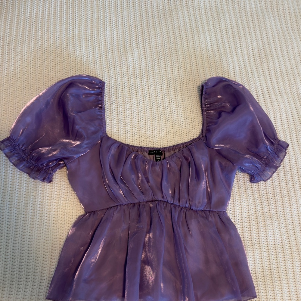 Purple Ruffled Peplum Puff Sleeve Blouse